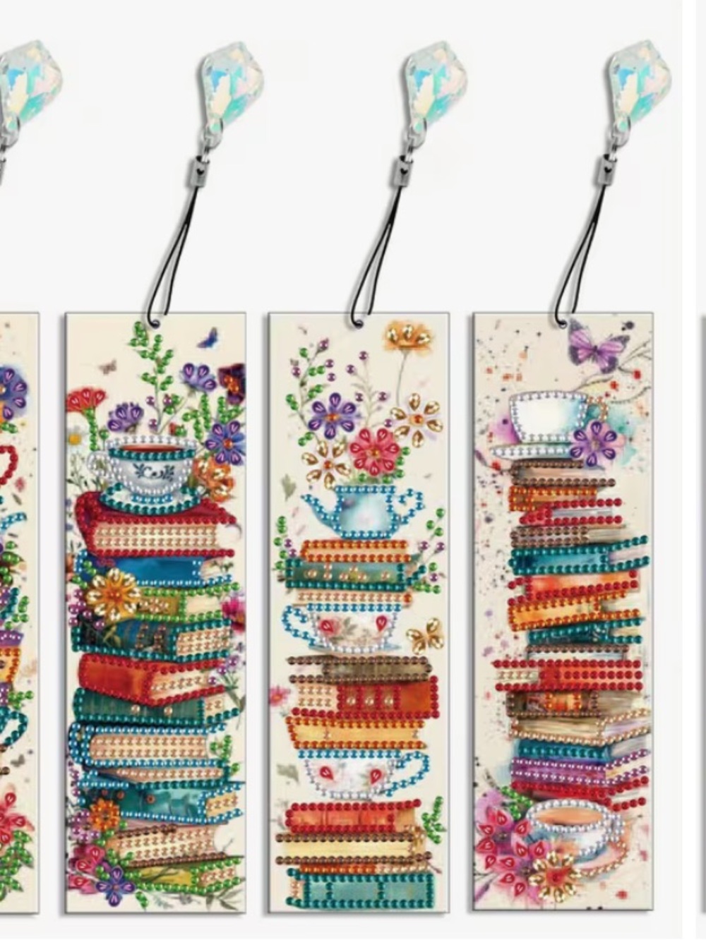 DIY diamond art bookmarksTeacup & Book motif set of 5 size 2.5x 8 sparkly!!